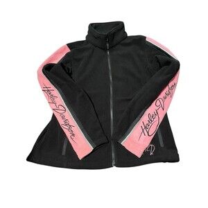 Harley Davidson Fleece Jacket Womens Ladies Large Full Zip Black/Pink Vintage